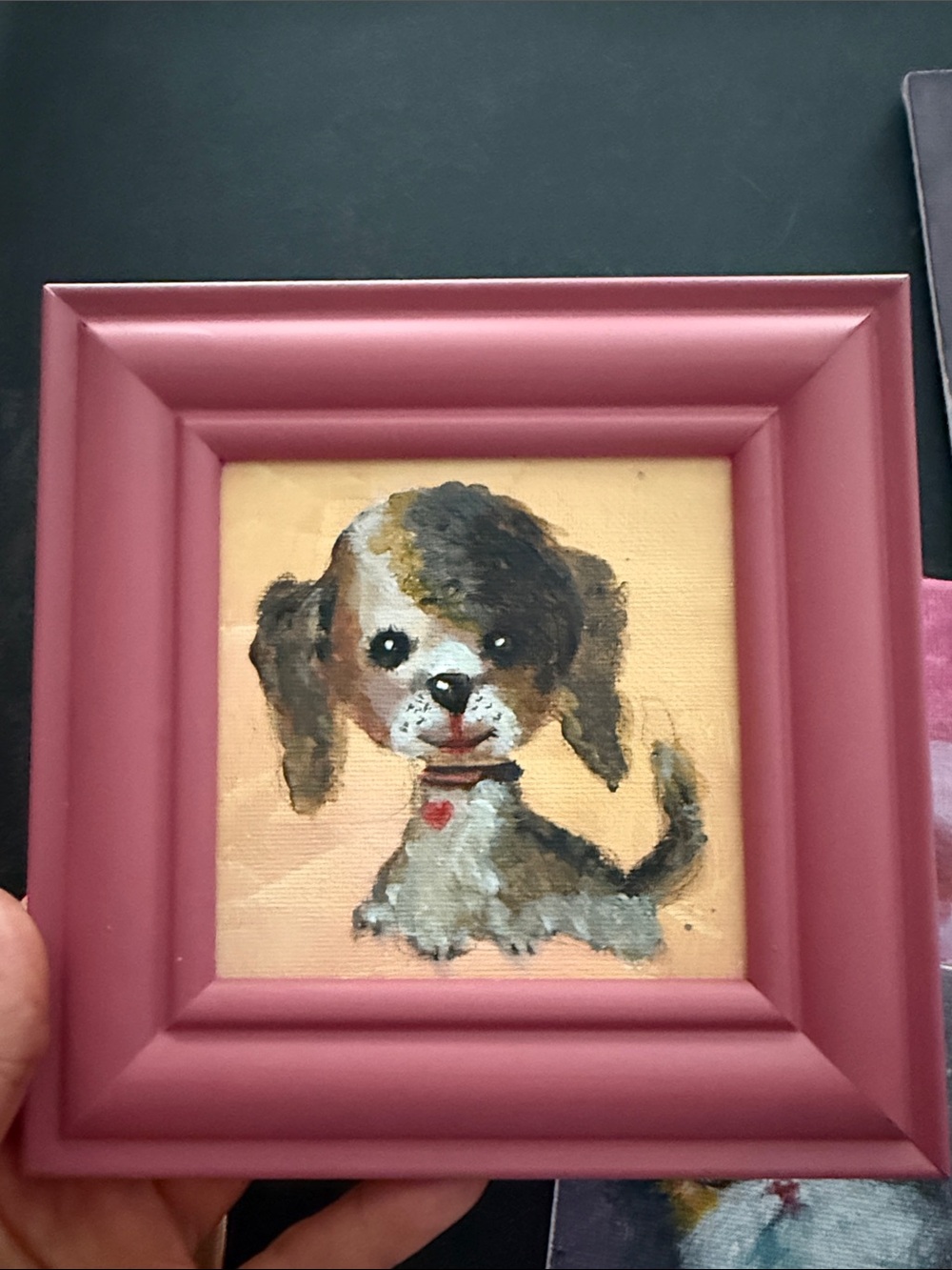 Pink Framed Dog Art Painting, 4"x4"– Cute Puppy Wall Accent, Dog lover gift.